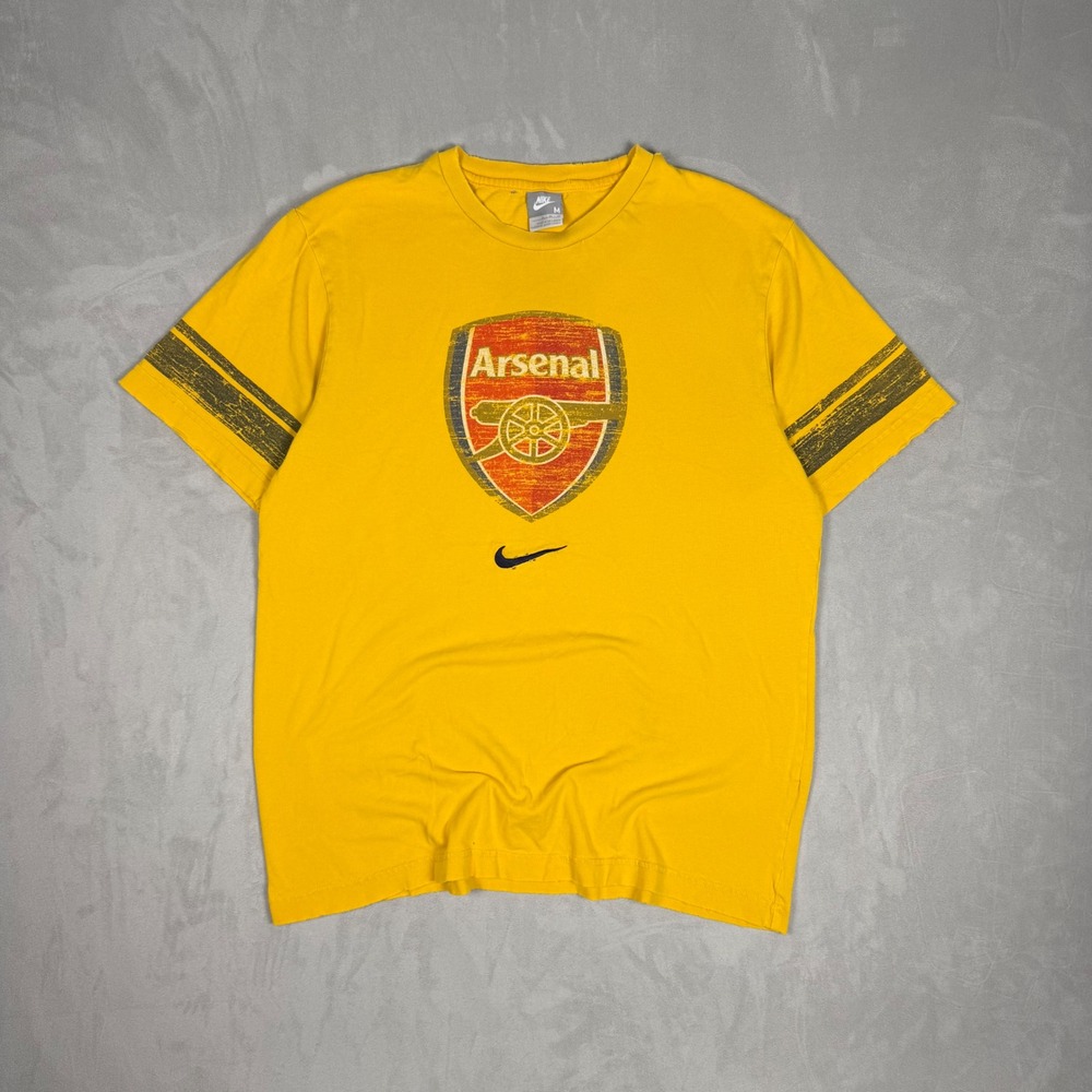 Y2K Mens Nike Arsenal FC Distressed Graphic Soccer Tee Yellow Size M